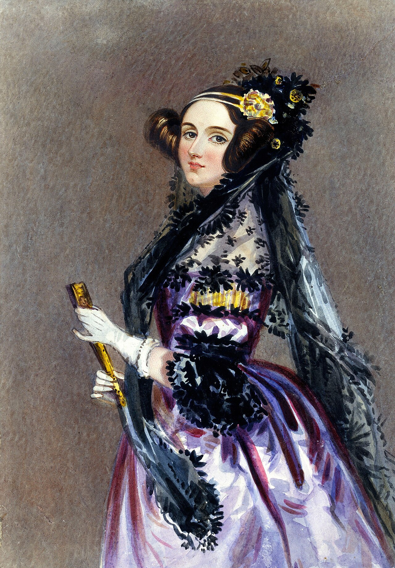 Black and white painted portrait of Ada Lovelace in a dark dress