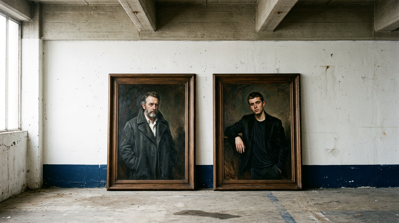 Two framed painted portraits leaning against a white wall in a concrete room